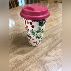 Longaberger Pottery Holly Berry Holiday Travel Cup ceramic Hot Cold coffee tea